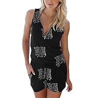 Women's Striped Sleeveless Jumpsuits V Neck with Zipper Tie Waist Tank Top Casual Short Romper with Pockets