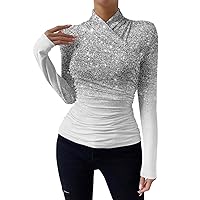 Sequin Long Sleeve Tops for Women Trendy Slim Fit Glitter Wrap Womens Sexy Tops Holiday Going Out New Years Eve Top
