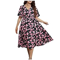Plus Size Women Boho Ethnic Waist-Defined A-Line Dress Summer V Neck Bell Short Sleeve Casual Fashion Floral Dress