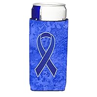 Caroline's Treasures AN1202MUK Dark Blue Ribbon for Colon Cancer Awareness Ultra Hugger for slim cans Can Cooler Sleeve Hugger Machine Washable Drink Sleeve Hugger Collapsible Insulator Beverage Insul