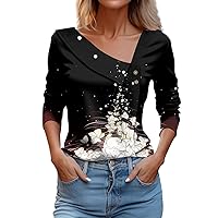 Womens Long Sleeve Tops Casual Floral Printed Button Up Shirts Trendy Asymmetric Lapel Work Going Out Clothes