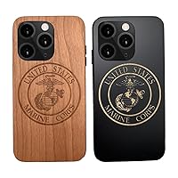 USMC Marine Corps iPhone 15 Wooden Case - Protective Cover, Eco-Friendly, Lightweight, Gift for Marines and Patriotic Americans (Black)