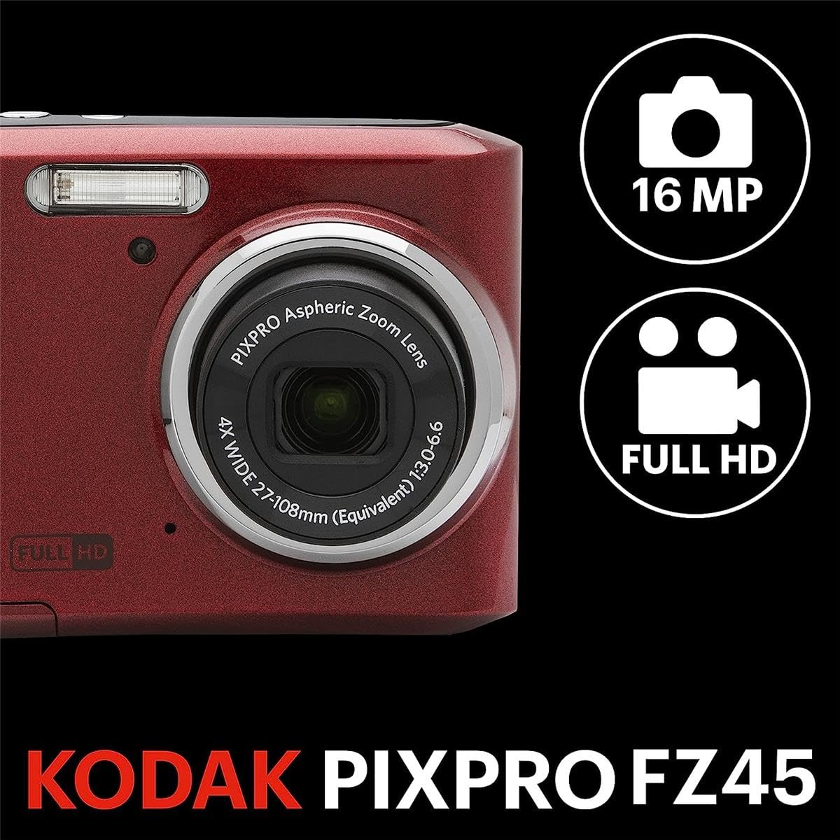 KODAK PIXPRO FZ45-WH 16MP Digital Camera 4X Optical Zoom 27mm Wide Angle 1080P Full HD Video 2.7