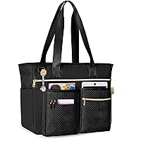 Fasrom Teacher Tote Bag for Work Women, Large Teacher Utility Bag with Padded Sleeve for up to 14 Inches Laptop and Teacher Supplies, Black (Patent Design)