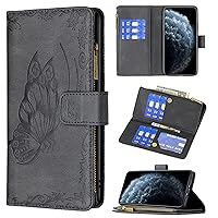 XYX Wallet Case for iPhone 13 Mini, Embossed Flying Butterfly Zipper Pocket Leather Case with Kickstand 9 Card Slots for iPhone 13 Mini, Black