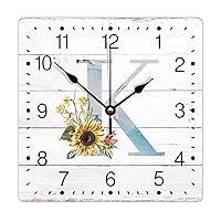 Monogram Initial K Square PVC Clock Alphabet Sunflower Wall Clock Metal Monogram 12in Battery Operated Funny Large Wall Clock for Living Room Kitchen Home Office Classroom