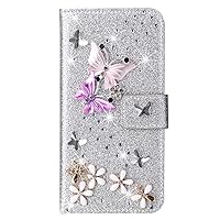 Wallet Case Compatible with Samsung A32 5G, Glitter Bling Color Butterfly Diamond Pu Leather Flip Phone Cover for Galaxy Galaxy A32 5G (Silver)