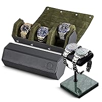 Genuine Leather Watch Case (Grey/Green) and Watch Stand (Green/Black/Black)