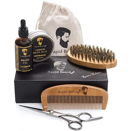 Beard Grooming & Trimming Kit for Men Care - Beard Brush, Beard Comb, Unscented Beard Oil Leave in Conditioner, Mustache & Beard Balm Butter Wax Growth, Styling Scissors - Stocking Stuffers Gift set