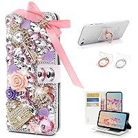 STENES Bling Wallet Phone Case Compatible with Samsung Galaxy S24 Ultra 5G Case - Stylish - 3D Handmade Crystal Bow Key Rose Bag Crown Magnetic Leather Cover with Ring Stand Holder [2 Pack] - Pink