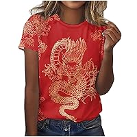 T Shirts for Women Aesthetic Chinese Dragon Graphic Crew Neck Dressy Blouses Summer Short Sleeve Fashion Tunic Tops
