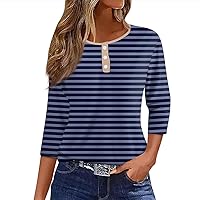 Women Henley Neck Striped T Shirts 3/4 Sleeves Tops Dressy Casual Button Down Crewneck Tee Trendy Summer Blouse