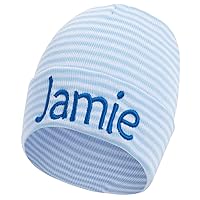 Melondipity Personalized Baby Hospital Hat - Warm Beanie Cap for Infants, Newborn, Boys - Customized Head Wrap for Winter - Custom Name Keepsake Hat for Baby Shower, First Visit Gift (Blue Striped)