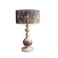 MY SWANKY HOME Rustic White Wash Turned Base Round Base Table Lamp Woven Metal Shade Lattice