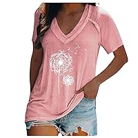 Tops for Women Casual Summer 2024 Daily Dandelion Printed V Neck Blouse Loose Fit Workout Shirt