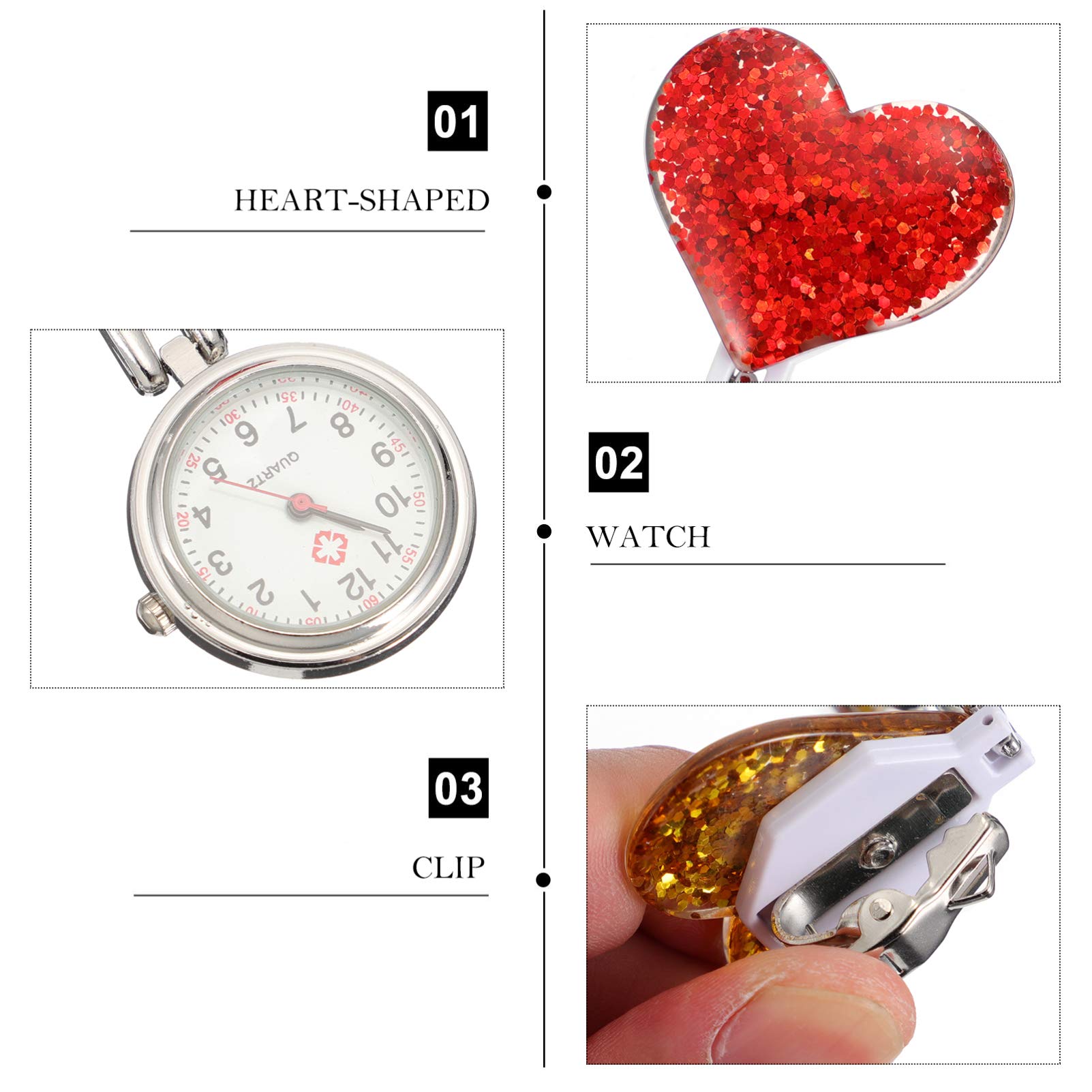 Hemobllo Nurse Watch, 3 Pcs Clip on Watch Nurse Fob Watch Quartz Movement Nursing Watch Glittering Heart Shaped Badge Pocket Watch Lapel Watch for Nurses Doctors