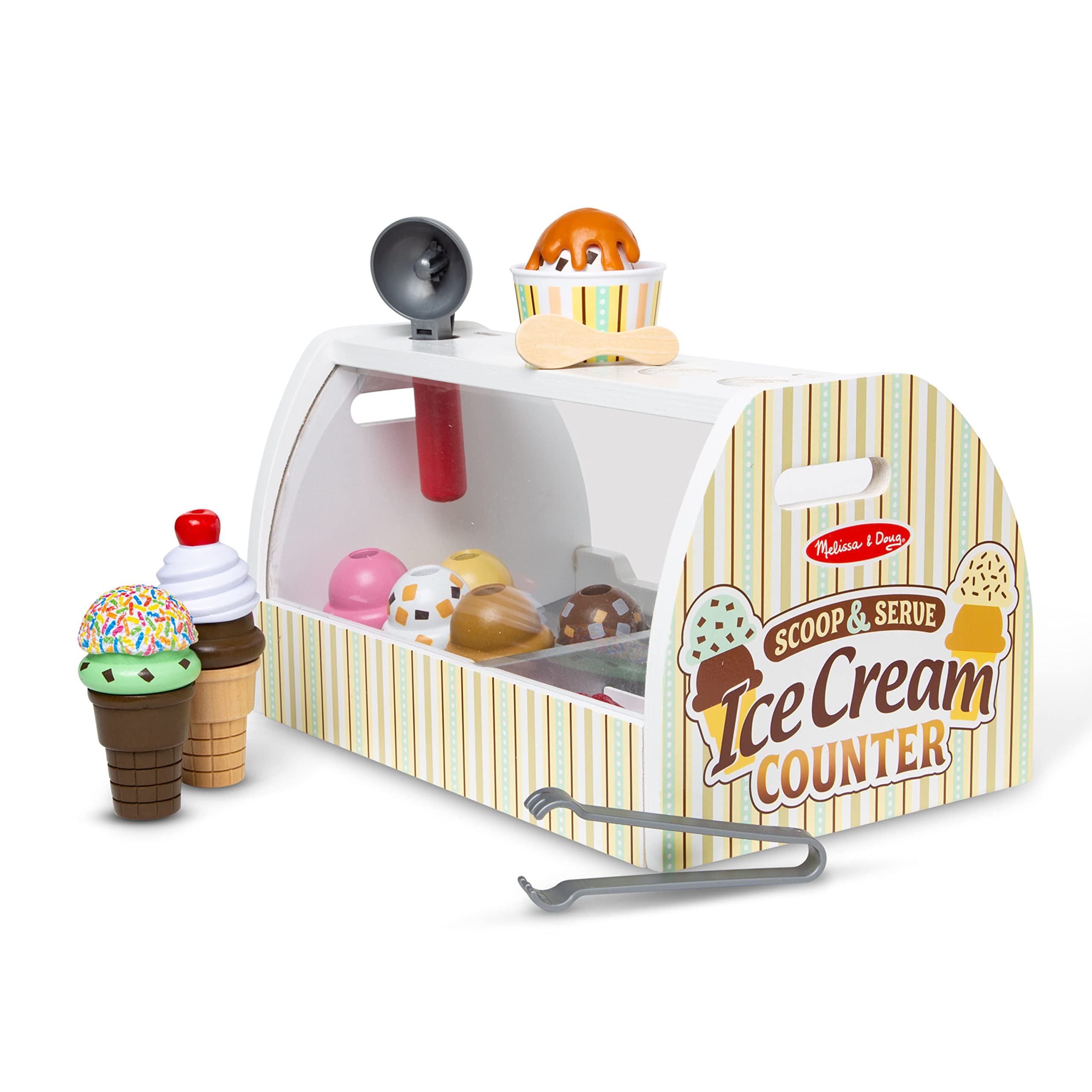 Melissa & Doug Wooden Scoop and Serve Ice Cream Counter (28 pcs) - Play Food and Accessories - Pretend Food Toys, Ice Cream Shop Toys For Kids Ages 3+