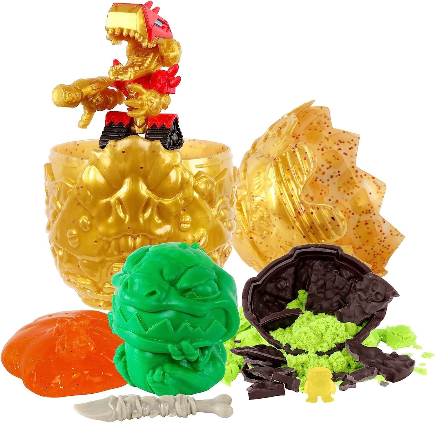 Treasure X Dino Gold Armored Egg. Break The Egg. Squeeze The Ooze Out. Smash The Fossil to Find The Treasure. Then Build The Dino and Display. Styles May Vary