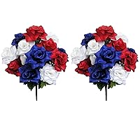 12 Stem Artificial Flowers Roses Bloom Bush Spring Faux Flower Arrangement for Outdoor & Indoor Wedding Home Decor, Cemetery Decorations for Grave, Summer Flowers Red White Blue