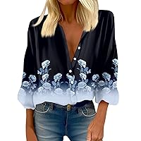 Women's 3/4 Sleeve Tops,Women's Shirt Blouses Print Button Casual Vintage Fashion Crew Neck 3/4 Sleeve Top