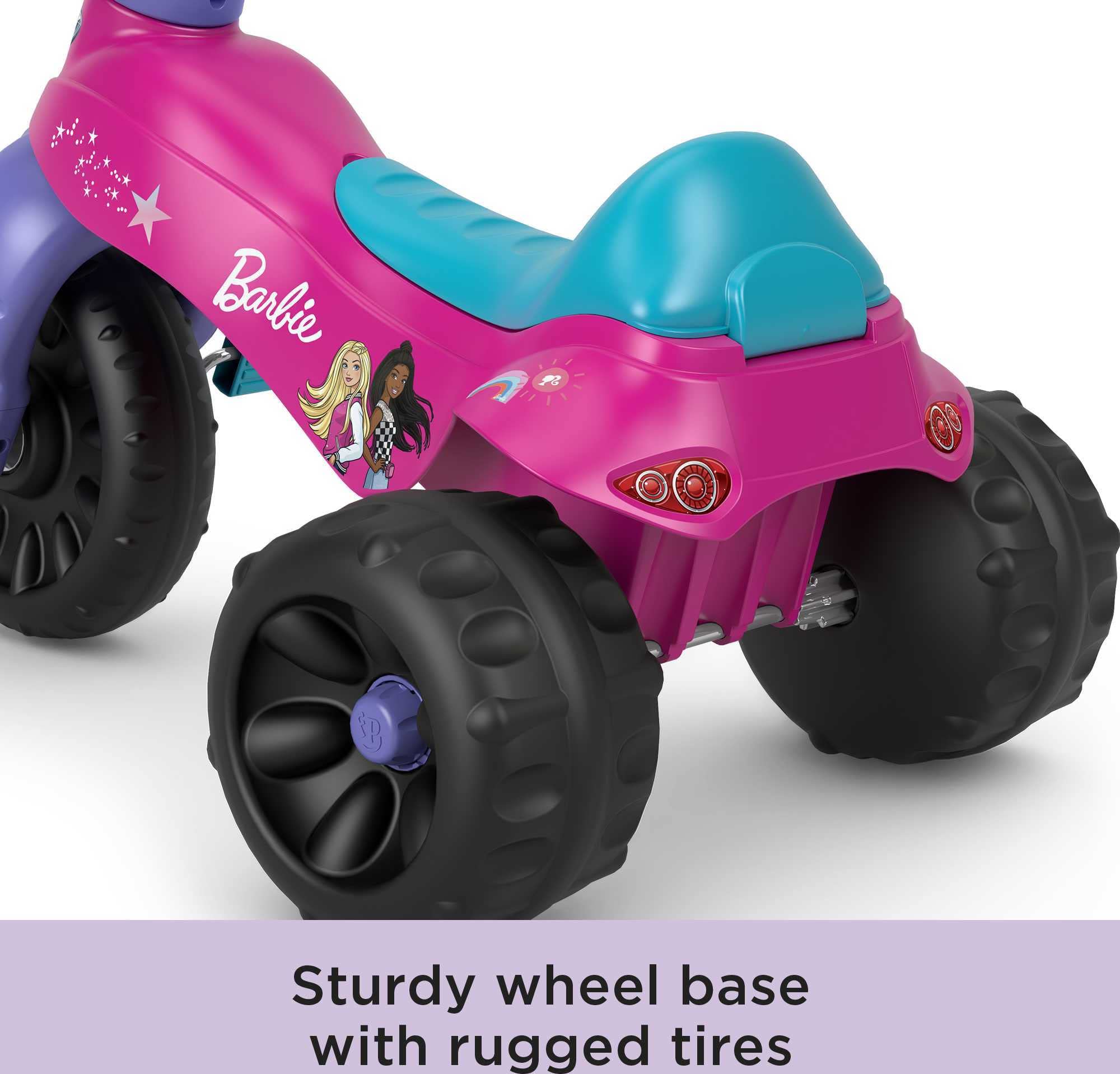 Fisher-Price Barbie Tricycle with Handlebar Grips and Storage Area, Multi-Terrain Tires, Tough Trike Large, Multi-color