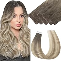 Moresoo Injected Tape in Hair Extensions Virgin Tape in Extensions 5/7/20 Gray Balayage To Blonde Highlighted Brown Seamless Tape in Human Hair 16 Inch Hair Extensions Tape in 5Pcs 10Gram