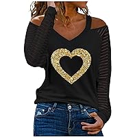 Women Sequin Heart Print Long Sleeve Cold Shoulder Splice T-Shirt Blouse Tops Sexy V Neck Sparkle Glitter Blouses Tees