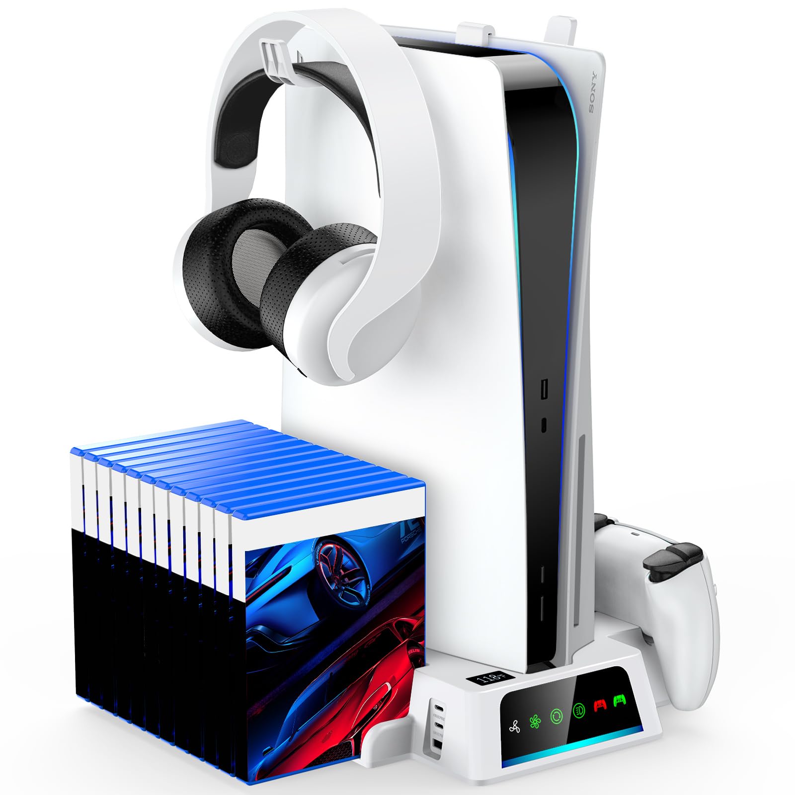 YOGES PS5 Stand and Cooling Station with LED Display, 2H Fast PS5 Controller Charger PS 5 Accessories Cooler Fan with 2 Headset Holder, 3 USB Hub, Media Slot, Screw, A-C Cable