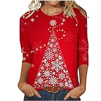 Casual Tops Women 3/4 Sleeve Christmas Shirts Xmas Tree Print Tshirts Glitter Graphic Tees Comfy Basic T Shirts