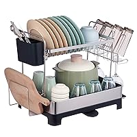 VEVOR Dish Drying Rack, 2 Tier Large Capacity Drainers, Rustproof Stainless Steel Drainer with Drainboard, Storage Space Saver, Cup & Utensil Holder for Kitchen Counter Over The Sink, Silver