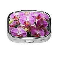 Orchids Print Pill Box Square Metal Pill Case with 2 Compartment Portable Travel Pillbox Cute Mini Medicine Organizer for Pocket Purse