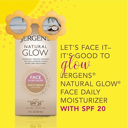 Jergens Natural Glow Face Self Tanner Lotion, SPF 20 Sunless Tanning, Fair to Medium Skin Tone, Daily Facial Sunscreen, Oil Free, Broad Spectrum Protection, 2 oz, Pack of 2 (Packaging May Vary)