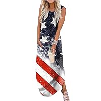 LLHXRUI American Flag Maxi Dress for Women 4th of July Patriotic Long Tank Dress Casual Loose Pocket Dresses
