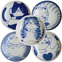 5 Piece Set of Microwave & Dishwasher Safe Cat Design Small Plates - Perfect for Sushi & Desserts, Set of 5, Sprawled Cat