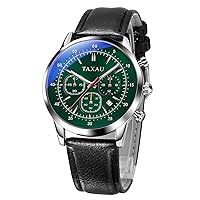 Taxau Mens Black Leather Date Silver Case Waterproof Chronograph Watch for Men