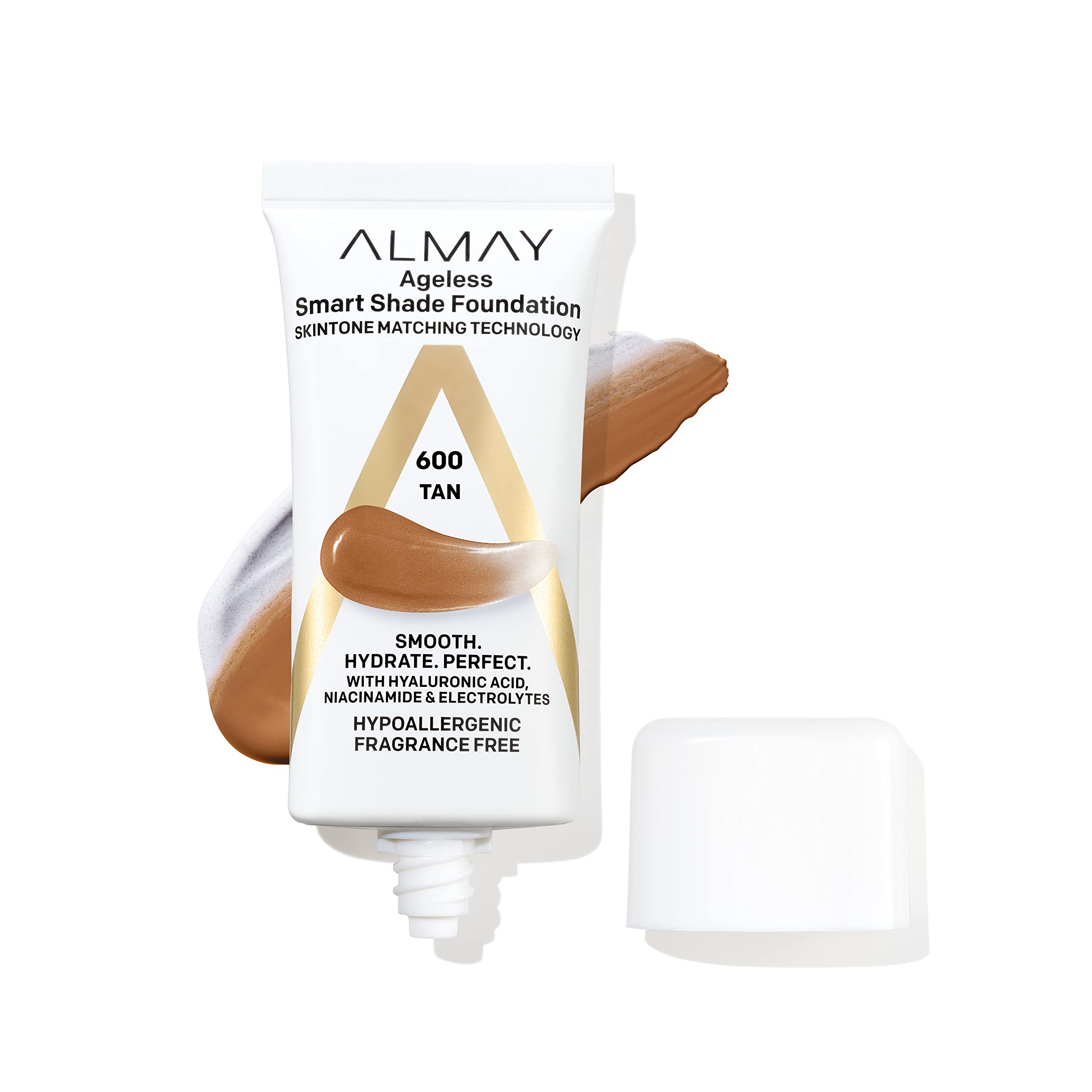 Almay Anti-Aging Foundation, Smart Shade Face Makeup with Hyaluronic Acid, Niacinamide, Vitamin C & E, Hypoallergenic-Fragrance Free, 600 Tan, 1 Fl Oz (Pack of 1)