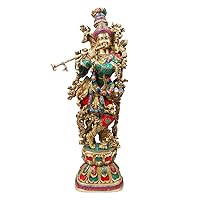 Big Lord Murli Manohar Krishna Krishan Brass Statue with Multicolor Gemstone Handwork Murti Gift & Home Décor Big Size- Height 29 Inches