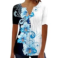 Plus Size Women Floral Print Pleated Textured Tunic Tops Summer Short Sleeve Henley Casual Fashion Dressy Tee Shirts