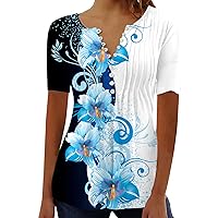 Women's Fashion Pleated V Neck Shirt Summer Dressy Casual Short Sleeve Blouses Feather Printed Loose Tunic Tops