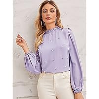 Women's Tops Sexy Tops for Women Shirts Frilled Neck Pearl Beaded Top Shirts for Women (Color : Lilac Purple, Size : X-Large)