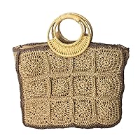 Mimzy Crochet Squares Straw Tote Wood Ring Handle Bag, Natural Brown