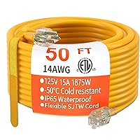 HUANCHAIN 50 ft 14/3 Gauge Heavy Duty Outdoor Extension Cord Waterproof with Lighted, Flexible Cold Weather 3 Prong Electric Cord Outside, 15A 1875W 125V 14AWG SJTW, Yellow, ETL Listed