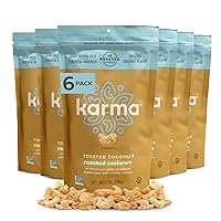 Toasted Coconut Air Roasted Whole Cashews by Karma Nuts, Lightly Sweetened, Peanut-Free Facility, Kosher, Everyday Nut Snack, 7oz Resealable Bag - 6 pack