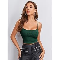 Women's Tops Sexy Tops for Women Women's Shirts Rib-Knit Crop Cami Top (Color : Dark Green, Size : Small)