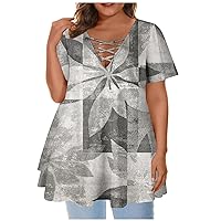 Plus Size Tops for Women Summer 2024 Printed V Neck Tunic Shirts Casual Short Sleeve Loose T Shirts Criss Cross Blouse