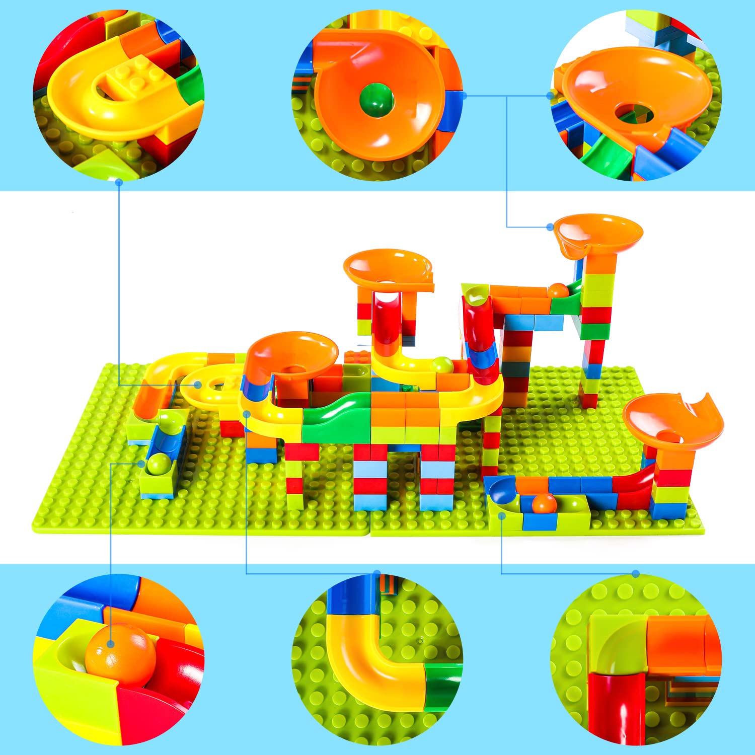 168 Pcs Marble Run Building Blocks Classic Blocks STEM Toy Bricks Set Kids Race Track Compatible Various Track Models with All Major Brands for 3+ Boys Girls Toddler