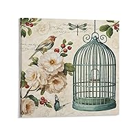 Posters Old-fashioned Bird Cage Wall Art Cage Bird Poster Plant Flower Poster Canvas Art Poster Picture Modern Office Family Bedroom Living Room Decorative Gift Wall Decor 12x12inch(30x30cm) Frame-