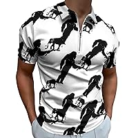 Bigfoot Holding an Elephant Men's Zippered Polo Shirts Short Sleeve Golf T-Shirt Regular Fit Casual Tees