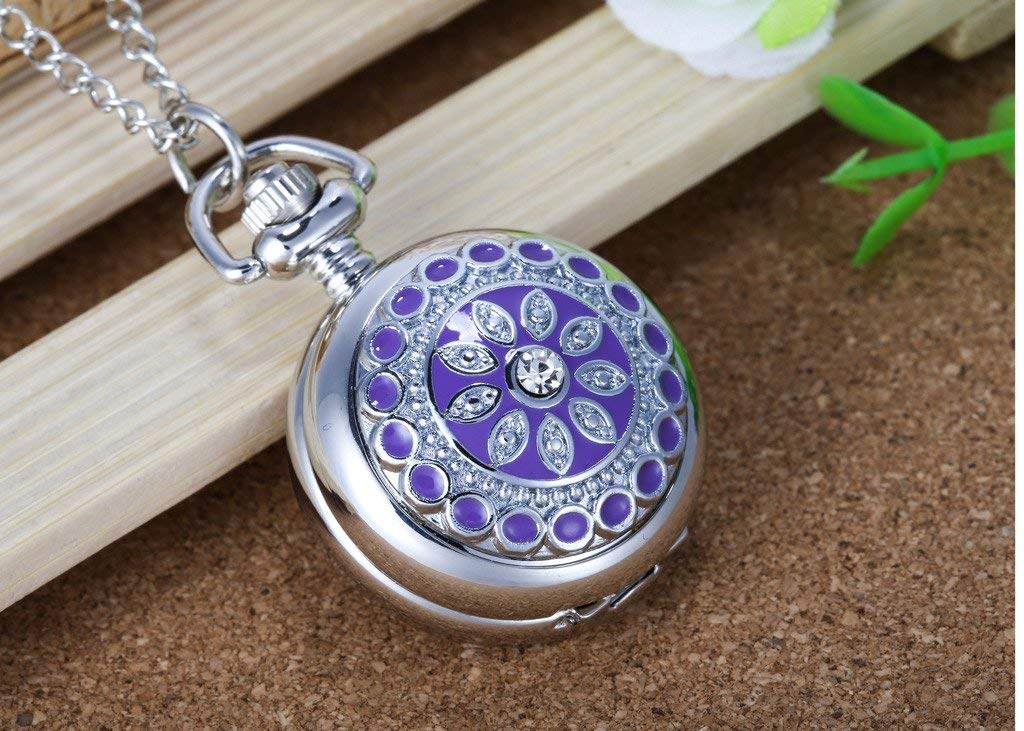 Infinite U Flower Pendant with Mirror Small Women Quartz Pocket Watch Silver Long Necklace with Gift Bag …