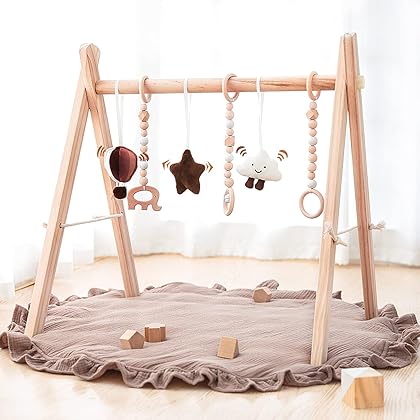 Razee Wooden Baby Play Gym Play Mat, Baby Gym with 6 Hanging Sensory Toys Foldable Baby Gym